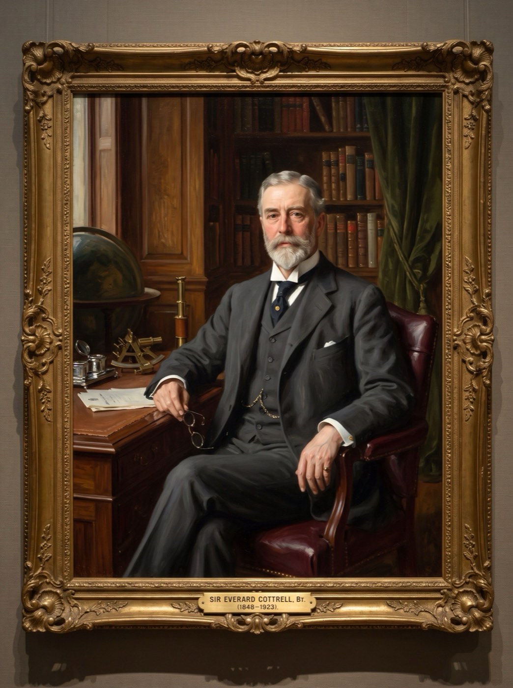 An oil portrait in a gilt frame of a seated Edwardian gentleman with a grey beard, a globe and sextant on the desk beside him.