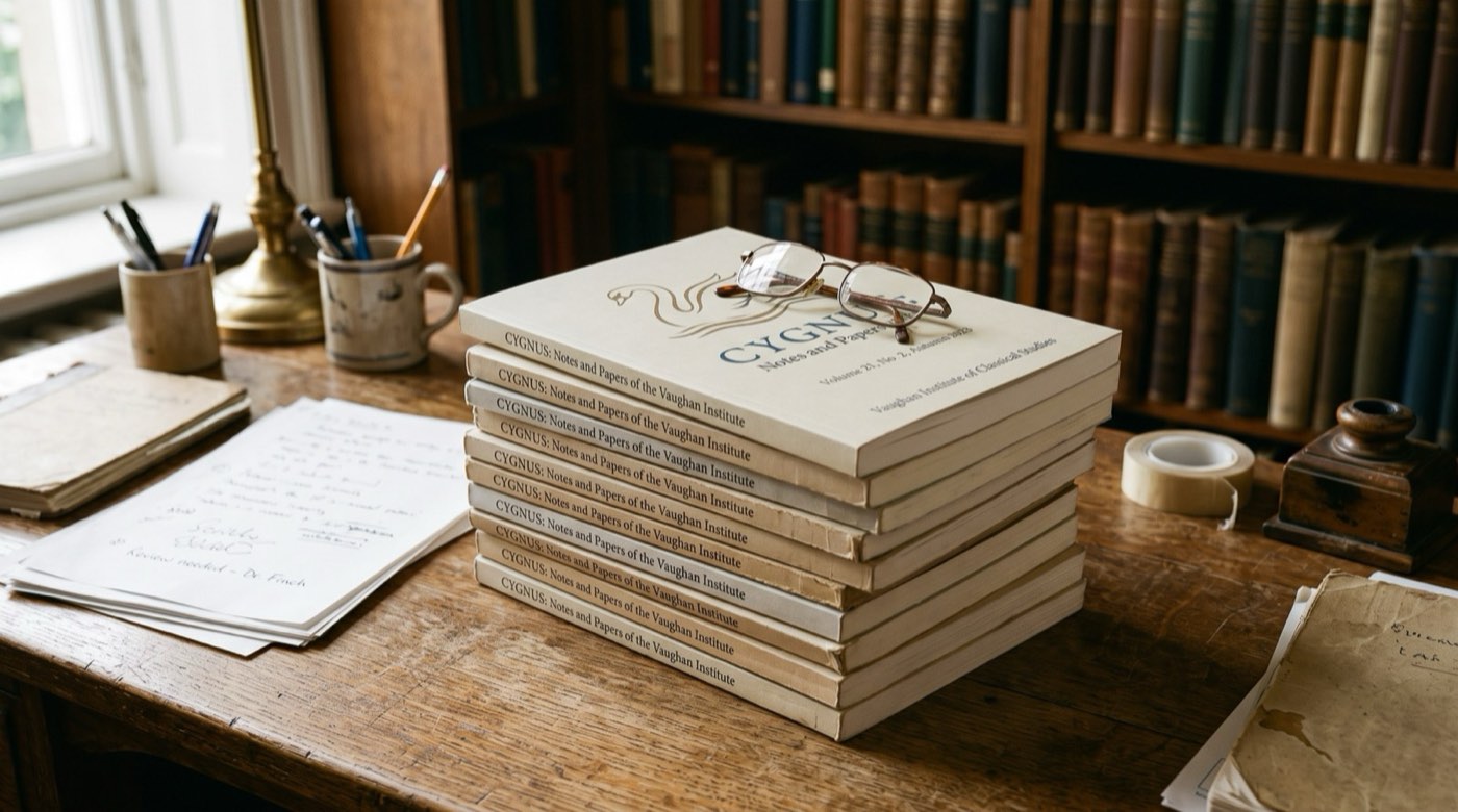 A stack of Cygnus issues in cream wrappers on a librarian's desk, the top number bearing the swan device, with reading glasses resting on it.