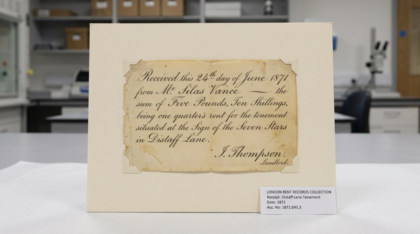 A quarter's rent receipt of June 1871, ink on paper, mounted on board: five pounds ten shillings received of Mr Silas Vance for the tenement at the Sign of the Seven Stars, Distaff Lane.