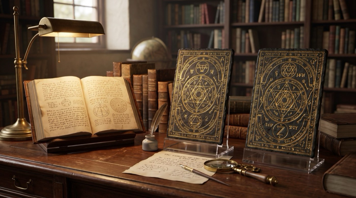 Two black stone tablets on document stands on a reading-room desk, beside an open facsimile volume, an inkwell, and a magnifying glass.