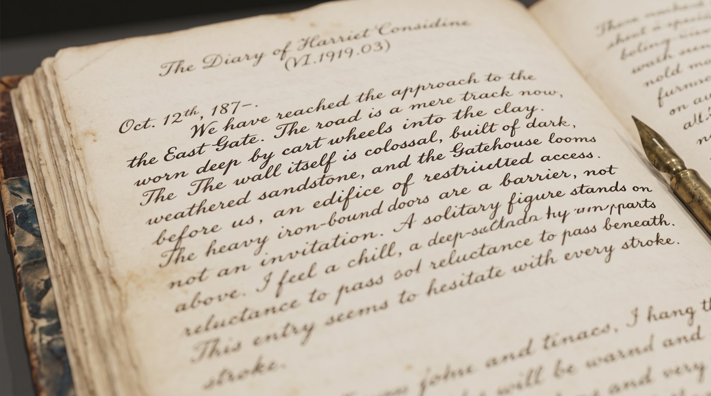 An opened manuscript diary in a Victorian round hand, headed The Diary of Harriet Considine, the entry dated Oct. 12th 187–, describing the approach to the East Gate; a brass pen rests across the page.