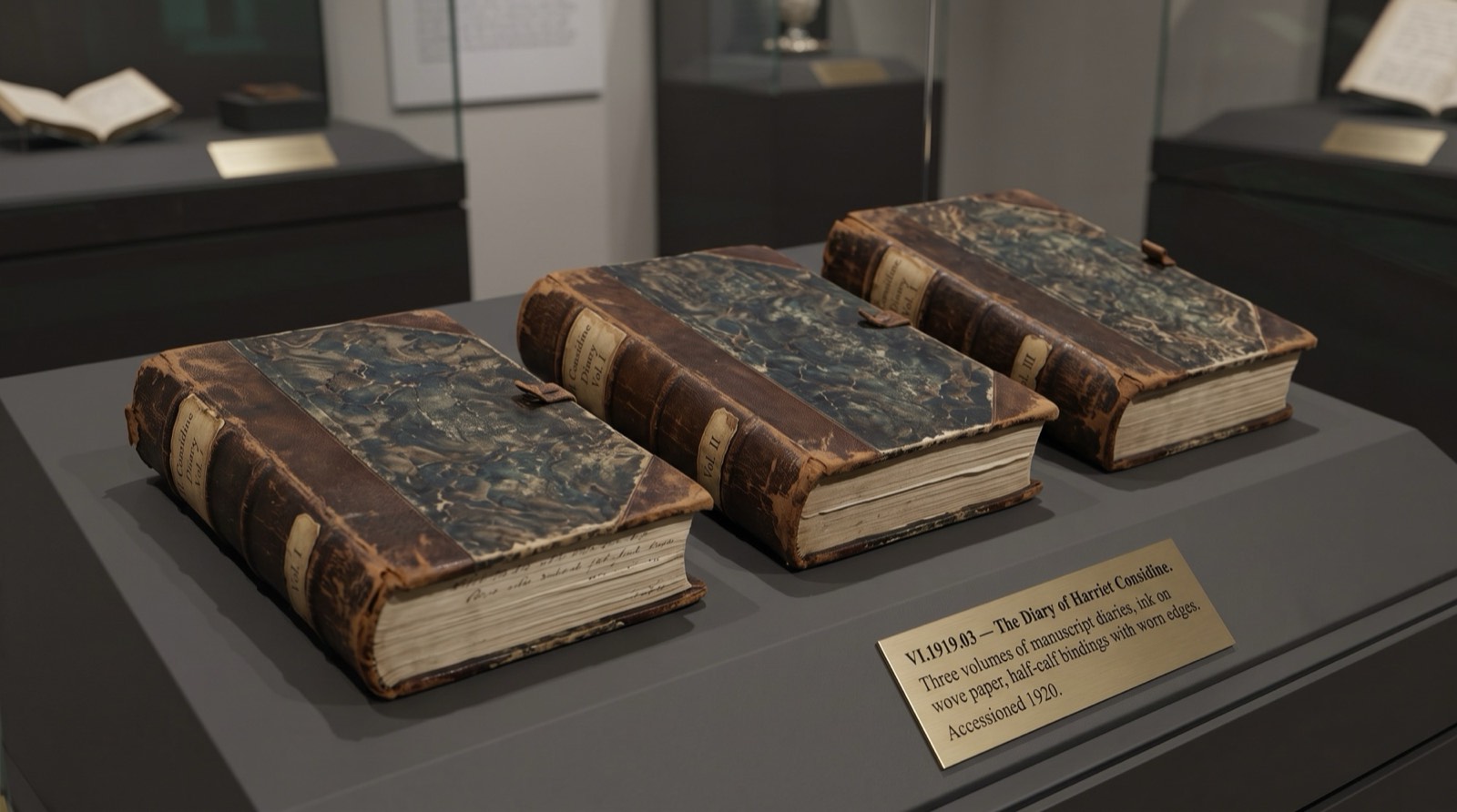 Three half-calf manuscript volumes with marbled boards, cased, beside a plaque reading VI.1919.03 — The Diary of Harriet Considine.