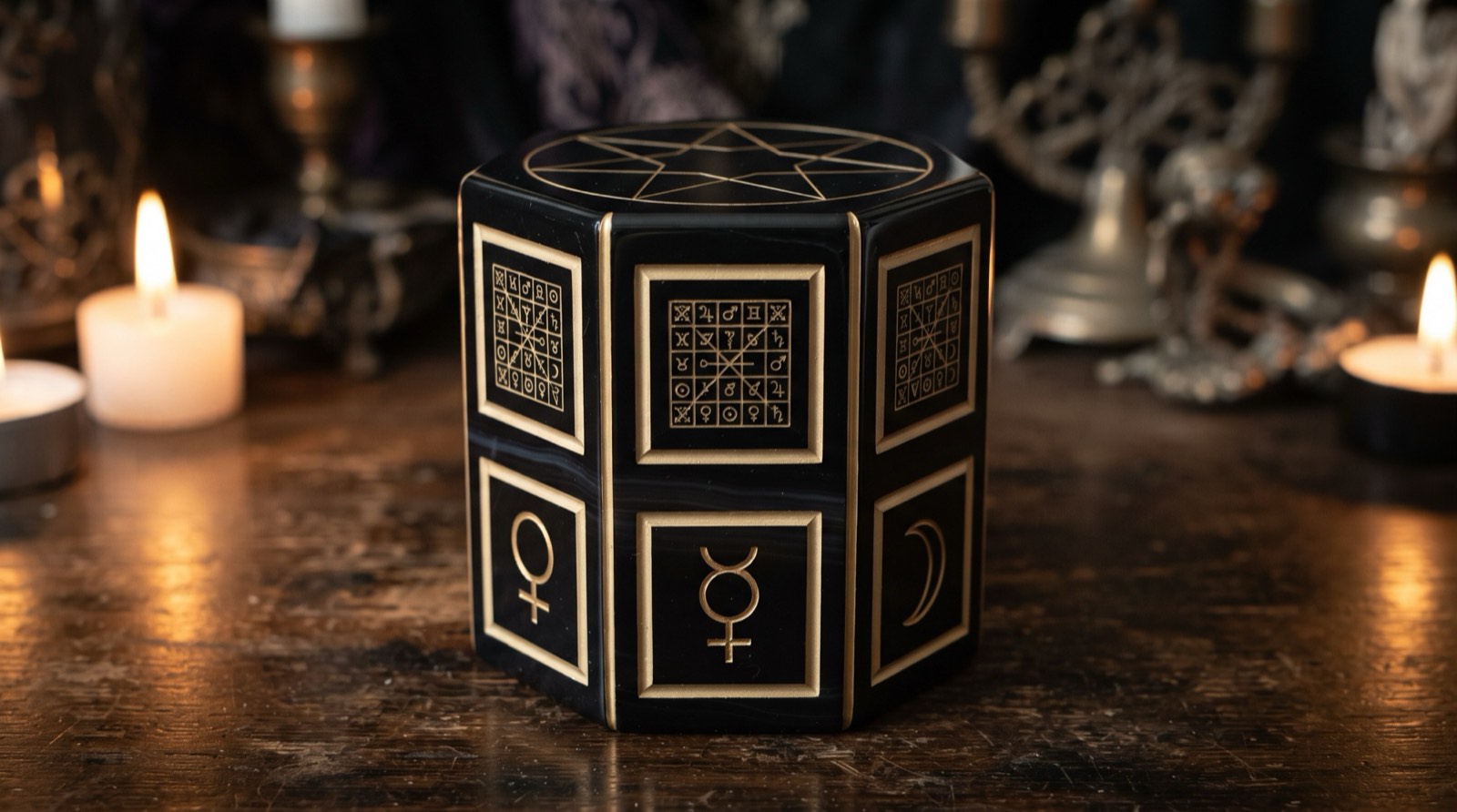 A vessel closely resembling the Schism Vessel, photographed by candlelight: gold-inlaid squares of planetary characters on its faces, an interlaced seven-pointed figure engraved on the top.