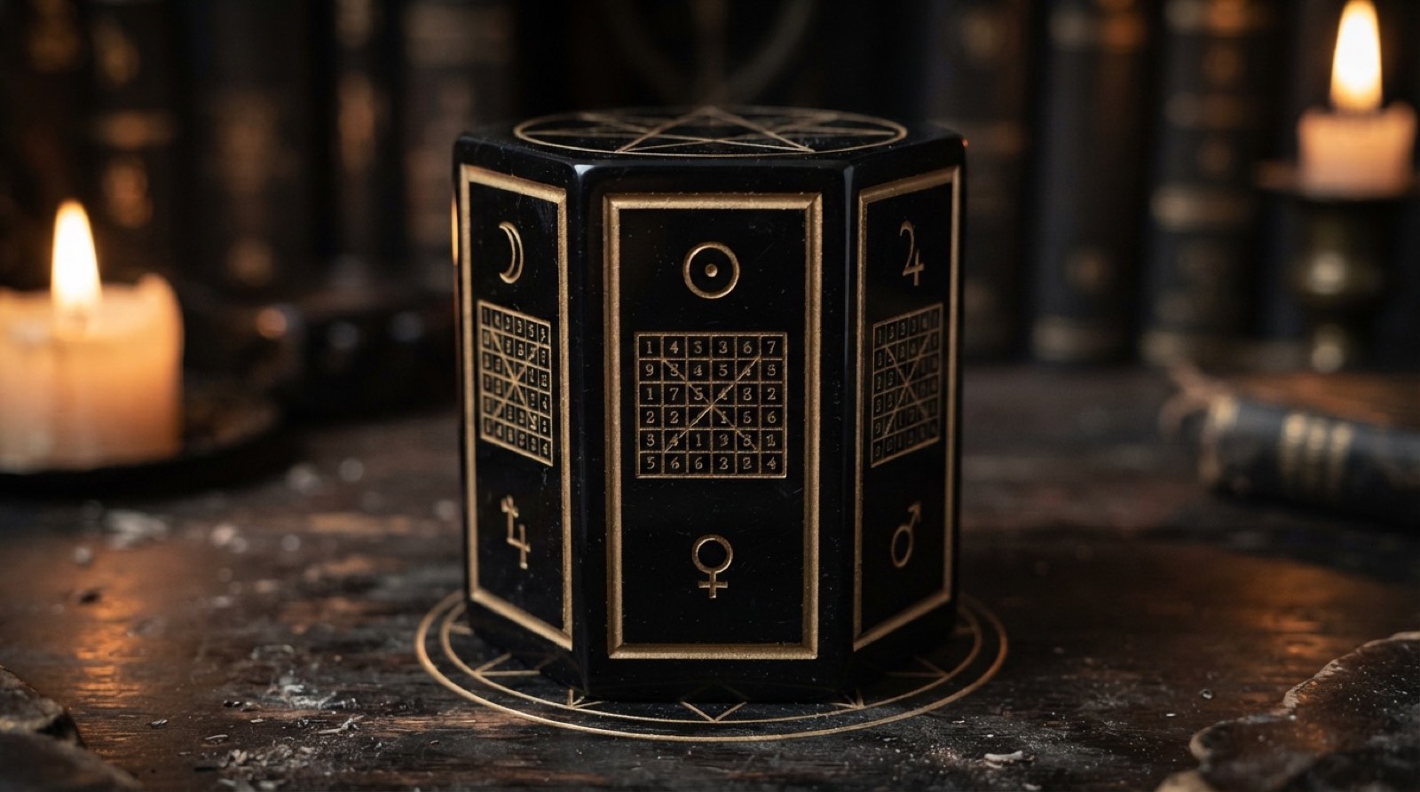 The variant vessel seen frontally by lamplight: the face of the Sun, a numbered square of seven rows inlaid in gold beneath the solar character.