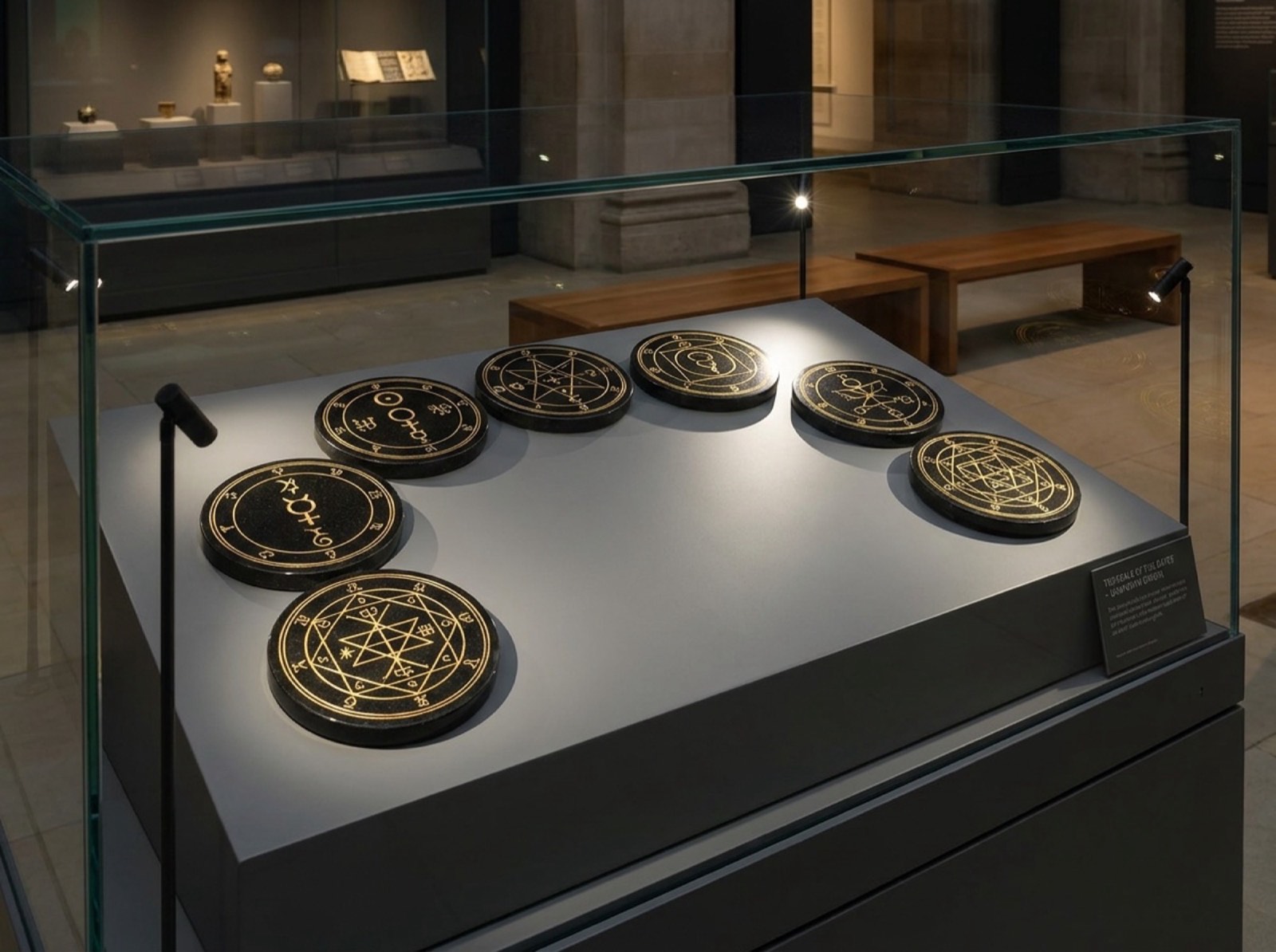 Seven engraved black stone discs with gold-filled figures, arrayed in an arc within a glass museum case.