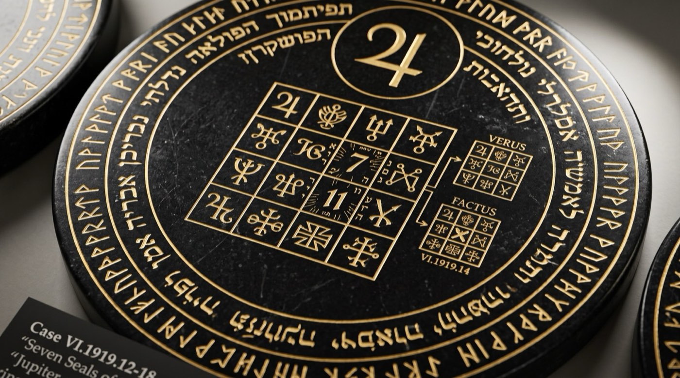 A black stone disc engraved in gold: the character of Jupiter above a square of sigils, with two smaller squares beside it lettered VERUS and FACTUS, and the accession VI.1919.14.